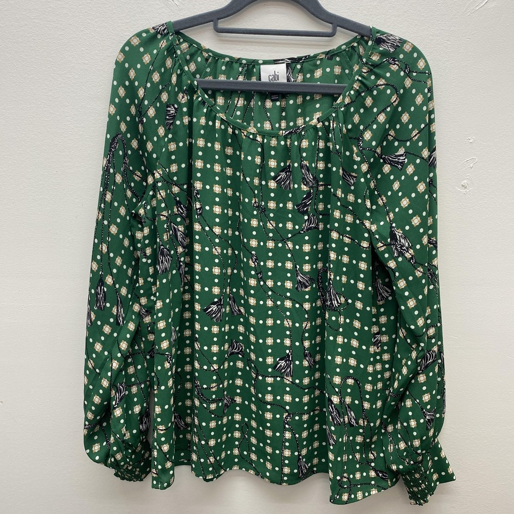 Cabi Blouse Womens Small Green Geometric‎ Tassel Print Long Sleeve Pullover Top